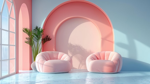 Rendering 3D pokoju z dwoma różowymi krzesłami