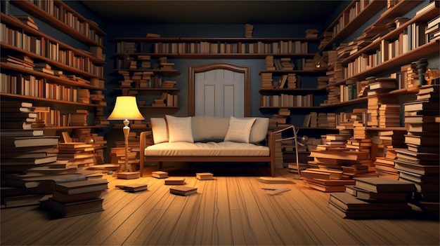 Zdjęcie rendering 3d półki z książkami i kanapą