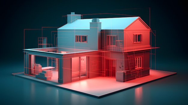 Rendering 3D projektu domu z dachem i kominem