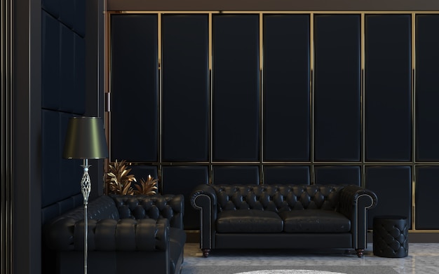 Rendering 3d projektu wnętrza salonu z sofą i wyściełaną dekoracją panelu ściennego