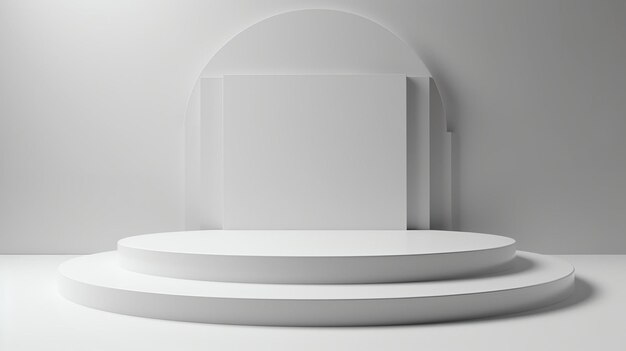 Rendering 3D prostego i czystego białego podium Podium składa się z dwóch stopni i ma reflektor świecący na nim