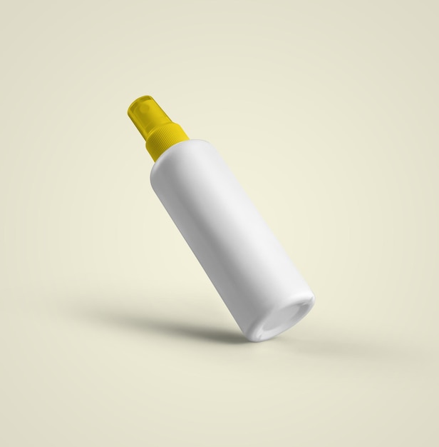 Rendering 3D pusta biała plastikowa butelka do rozpylaczy kosmetycznych z żółtą czapką izolowaną na szarym tle nadaje się do projektu maketa