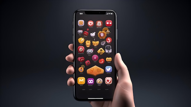 Rendering 3D ręki chwytającej telefon z komentarzami emoji, ikonami lubienia i odtwarzania