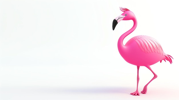 Rendering 3D różowego flaminga na białym tle Flamingo stoi na jednej nodze i patrzy na lewo od kadru