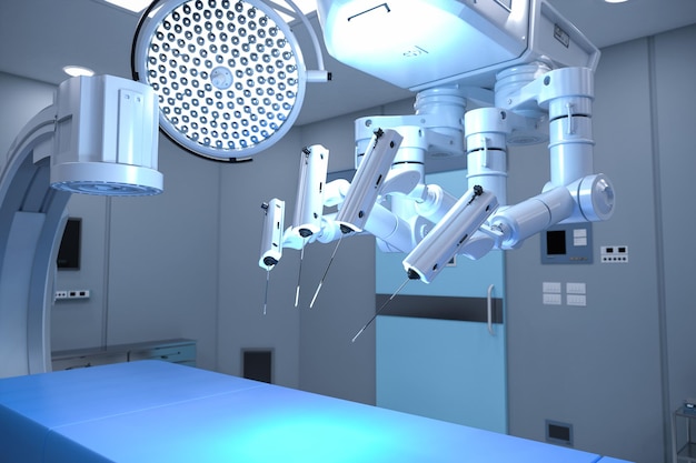 Zdjęcie rendering 3d sali operacyjnej szpitala z maszyną car i robotem chirurgicznym
