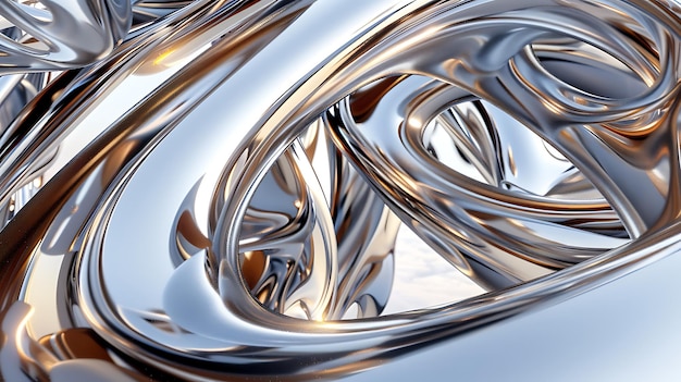 Zdjęcie rendering 3d splecionych srebrnych i złotych rur metalowych z błyszczącą, błyszczącą powierzchnią odzwierciedlającą światło abstrakcyjne nowoczesne tło