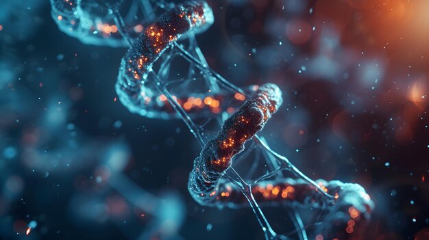 Rendering 3D świecącego DNA Koncepcja struktury genomów molekularnych biochemii