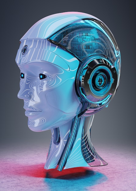 Rendering 3D sztucznej inteligencji głowy Cyborg