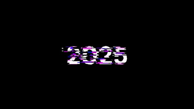 Rendering 3D tekstu 2025 z efektami ekranu usterek technologicznych