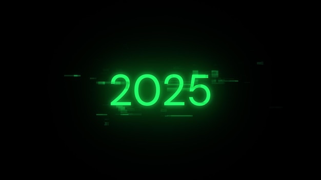 Rendering 3D tekstu 2025 z efektami ekranu usterek technologicznych