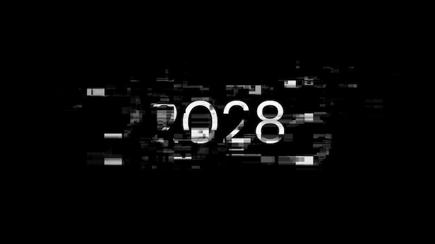Rendering 3D tekstu 2028 z efektami ekranu usterek technologicznych