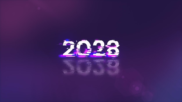 Rendering 3D tekstu 2028 z efektami ekranu usterek technologicznych