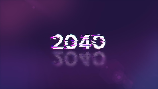 Rendering 3D tekstu 2040 z efektami ekranu usterek technologicznych