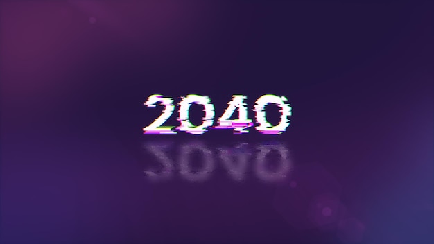 Rendering 3D tekstu 2040 z efektami ekranu usterek technologicznych