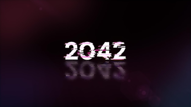 Rendering 3D tekstu 2042 z efektami ekranu usterek technologicznych