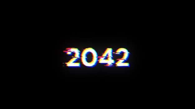 Rendering 3D tekstu 2042 z efektami ekranu usterek technologicznych