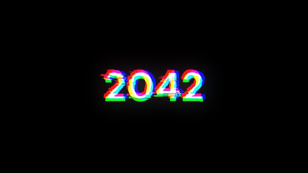 Rendering 3D tekstu 2042 z efektami ekranu usterek technologicznych