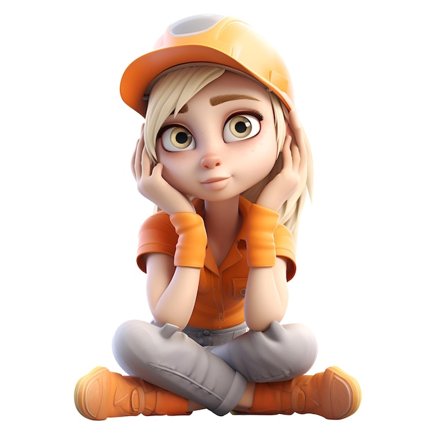 Rendering 3D uroczej dziewczyny z kreskówki w hełmie budowlanym siedzącej na ziemi