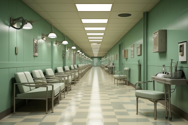 Rendering 3D wewnątrz oddziału psychiatrycznego z sprzętem medycznym