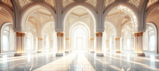 Rendering 3D wielkich pałaców i łuków wewnątrz białego meczetu She Sabah słońce świeci przez okna w środku