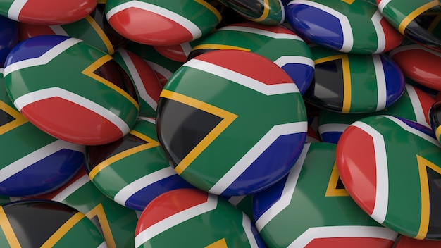 Rendering 3d wielu odznak z flagą Republiki Południowej Afryki w widoku z bliska