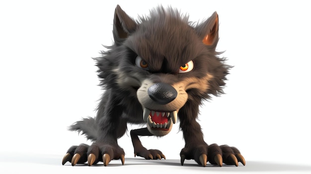 Zdjęcie rendering 3d wilka z kreskówki wilk jest szary i czarny z żółtymi oczami i ostrymi zębami stoi na czterech i ma podniesione uszy