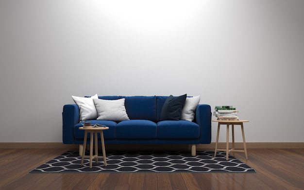 Rendering 3D wnętrza nowoczesnego salonu z sofą - kanapą i stołem