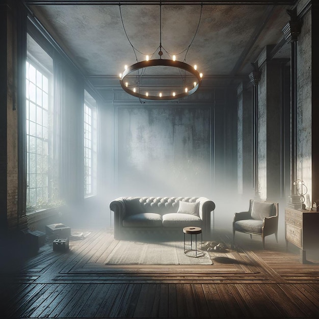 Rendering 3D wnętrza pokoju grunge z mglistą atmosferą
