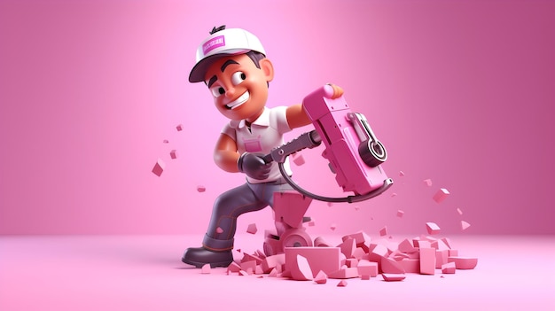 Zdjęcie rendering 3d wykwalifikowanego pracownika budowlanego obsługującego precyzyjnie młot pneumatyczny
