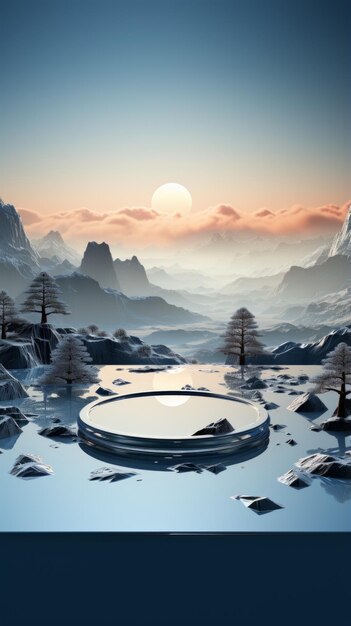 Zdjęcie rendering 3d zimowego krajobrazu z zamarzniętym jeziorem i pokrytymi śniegiem górami