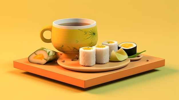 Rendering 3D zupy miso na tacce sushi