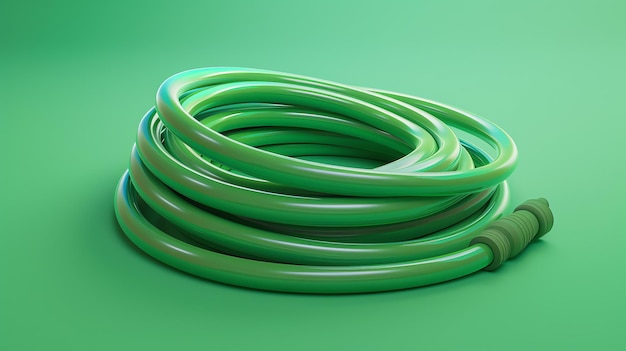 Zdjęcie rendering 3d zwiniętego zielonego węża ogrodowego na zielonym tle wąż jest wykonany z gładkiego elastycznego materiału i ma błyszczące wykończenie