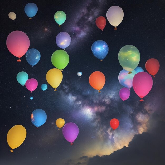 Zdjęcie rendering artystyczny balonów uciekających do galaktyki