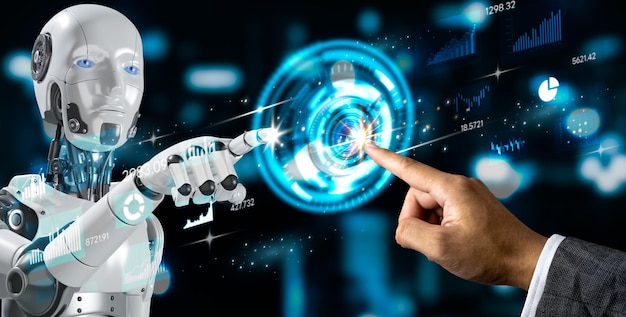 Rendering biznesowy 3D sztuczna inteligencja AI robot deska rozdzielcza Wielki diagram danych wykres wirtualny ekran analiza ekonomiczna i inwestycje finansowanie i marketing inteligencja biznesowa koncepcja BI