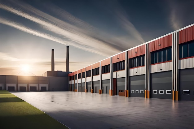 Zdjęcie rendering fabryki z zachodzącym słońcem za nią.
