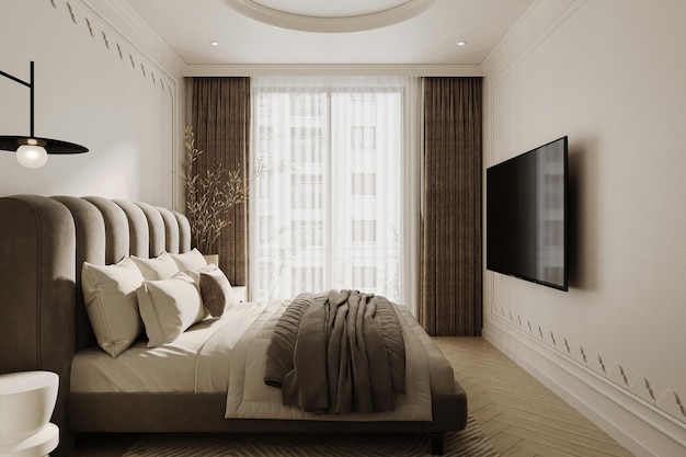 Rendering minimalistycznej sypialni Światło dzienne odtwarza się na łóżku z okna Telewizja wisi na ścianie