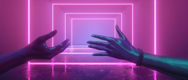 Zdjęcie rendering pokazuje abstrakcyjne minimalne tło neonowe z różowym i niebieskim świecącym kwadratem geometrycznym kształtami światła ultrafioletowego koncepcję mody i ręce manekina wchodzące w interakcję z nim