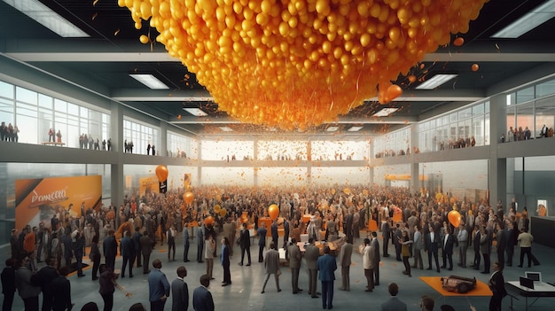 rendering przedstawiający tłum ludzi w dużym pomieszczeniu z unoszącym się nad nimi dużym pomarańczowym balonem.