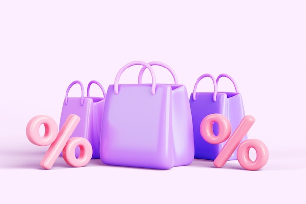 Rendering toreb zakupowych z zniżką oferują baner tło opakowania papieru kreskówki z czerwonym znakiem procentowym do zakupu lub ikonę sprzedaży prezentów dla sklepu projektowanie strony internetowej sklepu mody