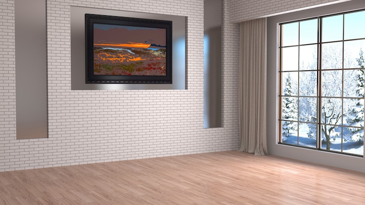Zdjęcie renderingu 3d nowoczesny pokój z dużym oknem
