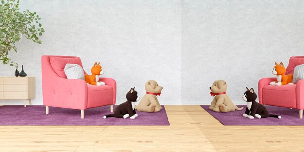 Renderowane 3D salonu z sofą wypchanych zwierzątek i lustrem ściennym