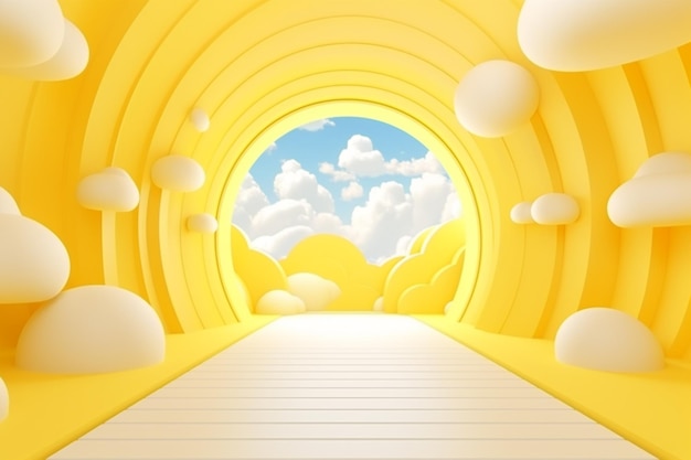 renderowania 3D abstrakcyjne minimalne żółte tło z białymi chmurami wylatującymi z tunelu