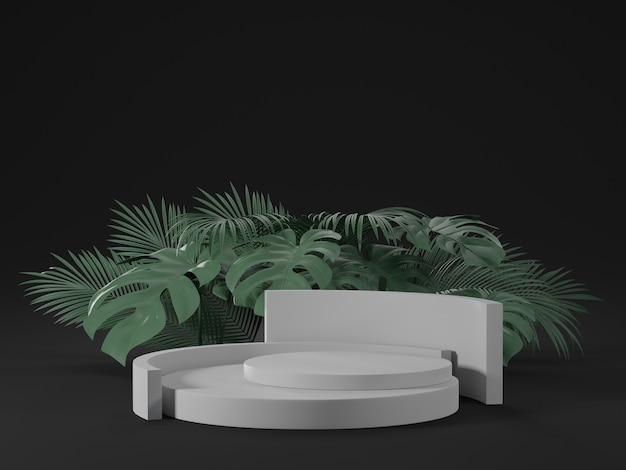 Renderowania 3d Białego Podium Z Liśćmi Monstera