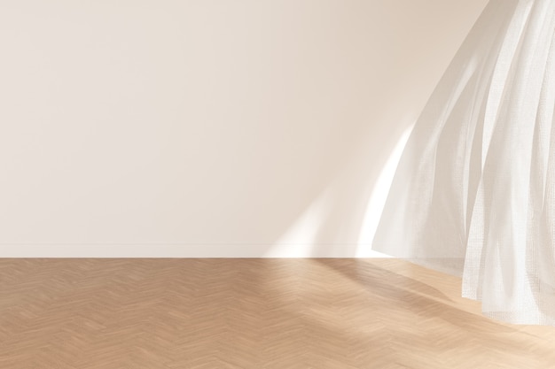 Renderowania 3D białego pustego pokoju i zasłony z drewnianą podłogą i światło słoneczne rzuca cień na ścianę.