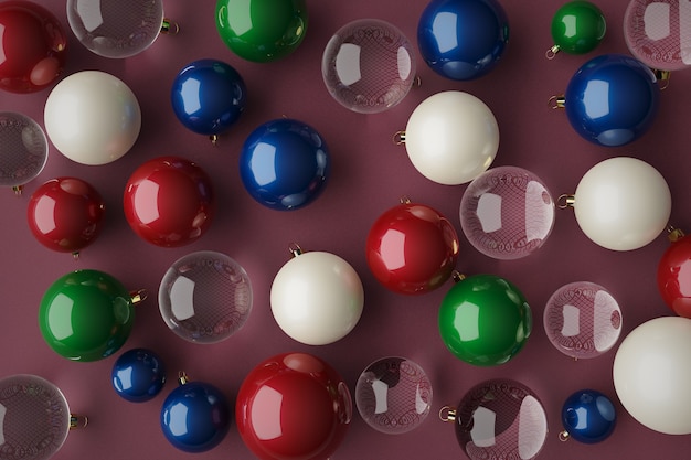 Renderowania 3D Bombki choinkowe w różnych kolorach czerwony niebieski zielony kryształ na różowym płótnie