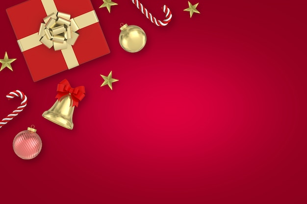 Renderowania 3D Boże Narodzenie powierzchni czerwony Prezenty pudełko, słodycze, dzwony, gwiazda, bombki na czerwonej powierzchni