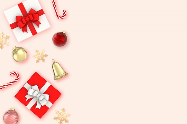 Zdjęcie renderowania 3d boże narodzenie powierzchni dwa prezenty pudełko, płatki śniegu, cukierki, dzwonki, bombki i złote ozdoby na różowej powierzchni