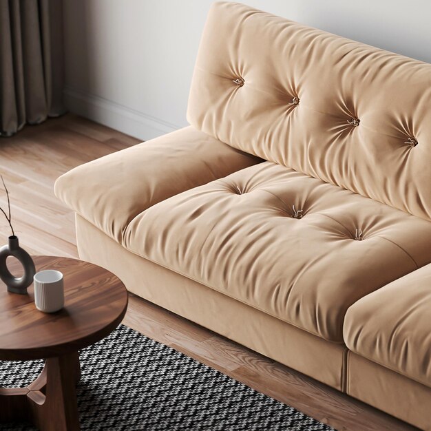 Zdjęcie renderowania 3d brązowa sofa i drewniany stół meble do salonu