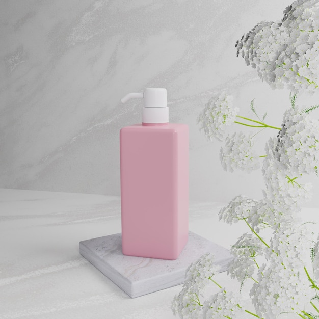 Renderowania 3D butelka różowego balsamu do pompki na białym marmurowym tle z białym kwiatem