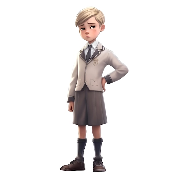 Renderowania 3D chłopca w mundurku szkolnym na białym tle